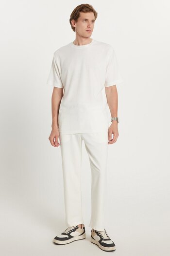 Tudors Men's Standard Fit Regular Cut Cotton Crew Neck Waist Lace-Up White Tracksuit Set