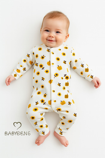 BABYDEN'S Sunflower & Bee Patterned 100% Cotton Ribbed Textured Snap Fastener Long Sleeve Baby Romper Ribbed Romper