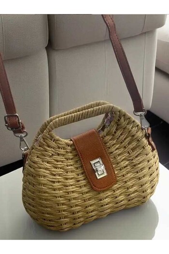 HASIR ÇANTA Brown Women's Knitted Straw Shoulder Bag Large Capacity, Canvas Lining, Rotary Lock Closure Handbag