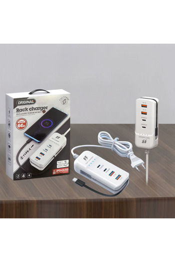 D&K WONDER 66W mains charger, for iPhone Samsung, 3x USB C, 2x USB, Super Fast Charge, White