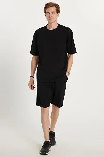 Tudors Men's Standard Fit Regular Cut Cotton Crew Neck Waist Lace-Up Black Shorts Suit