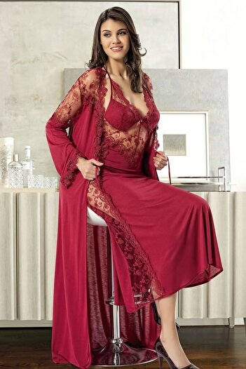 Xses 1019 Women's Burgundy Dowry Lace Satin Nightgown Set
