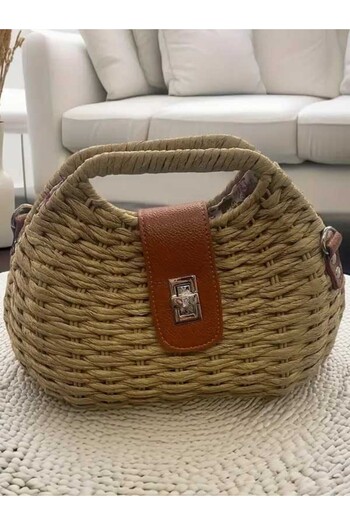 HASIR ÇANTA Brown Women's Knitted Straw Shoulder Bag Large Capacity, Canvas Lining, Rotary Lock Closure Handbag