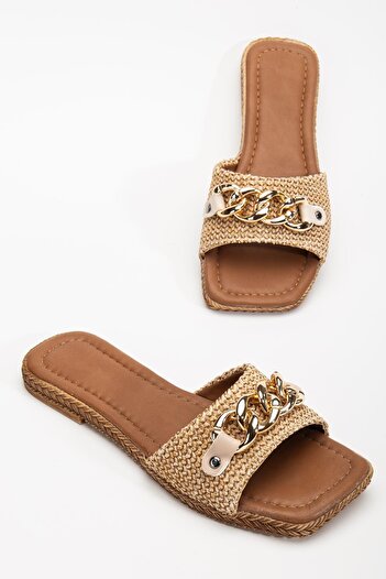 Dilimler Ayakkabı Women's Flat Heeled Slippers Beige Thick Single Strap Chain Accessory Straw
