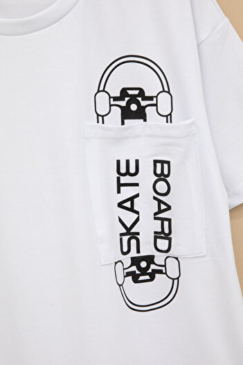 Cansın Mini Ecru Skateboard Printed Pocket Boys Crew Neck T-Shirt 20912