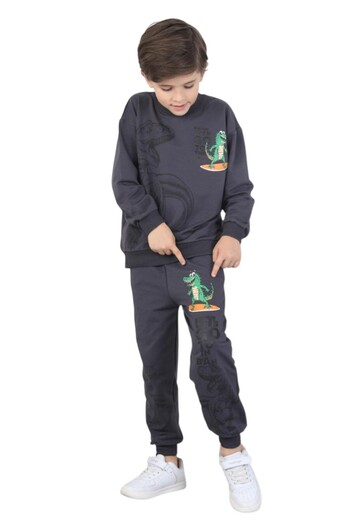 ERDEM KIDS Boys' Dinosaur Printed Pajamas Set Two-Thread Tracksuit Set School Dual Set