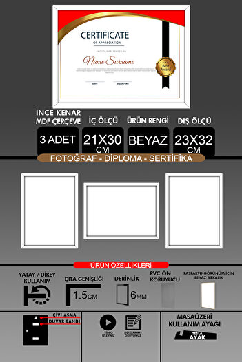 yhfoto 3 Pieces 21X30 Frame - Fine Slatted A4 Frame - White Frame - Photo Certificate Frame