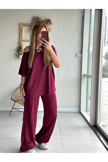 Modayakamoz New Season Women's One Shoulder Open Wide Cut Viscose Two Thread Blouse and Trousers Two-Piece Set