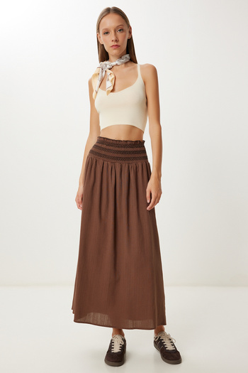 Lovelyİstanbul Contrast Belt Detailed Linen Skirt Lmc0067 Brown
