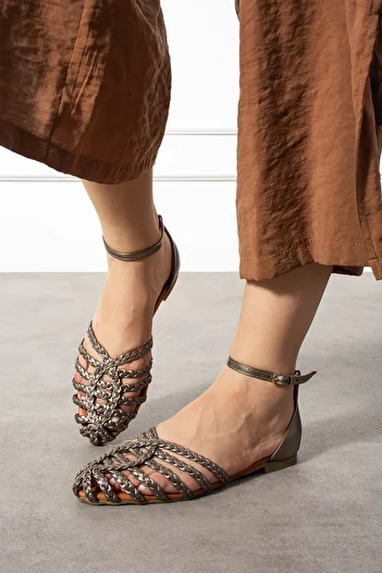 CUCA Genuine Leather Knitted Detail Ankle Strap Elastic Daily Women's Sandals