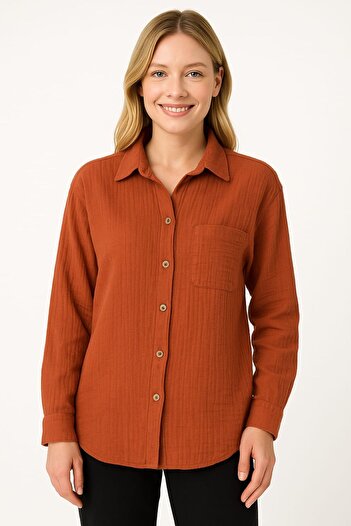 enmodaiçgiyim 100% Cotton Muslin Fabric Women's Shirt – Brick Color, Long Sleeve, Comfortable Fit, 4 Season Model