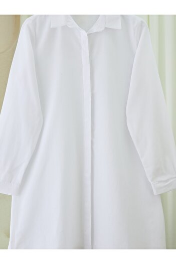 Modamorfo Oval Cut Long Shirt with Hidden Buttons -White
