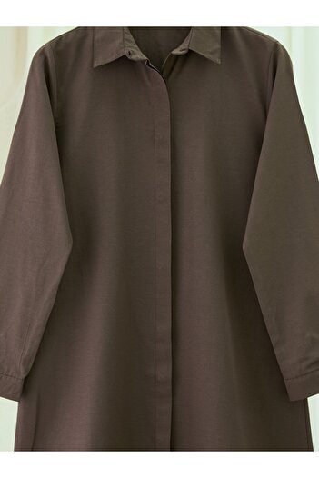 Modamorfo Oval Cut Long Shirt with Hidden Buttons - Brown