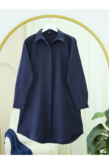 Modamorfo Oval Cut Long Shirt with Hidden Buttons - Navy