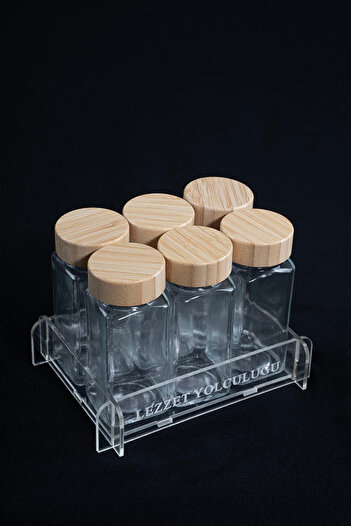 Etka Dizayn Aromis 6-Piece Glass Spice Rack Set – 105 Cc Bamboo Lid + Transparent Acrylic Stand