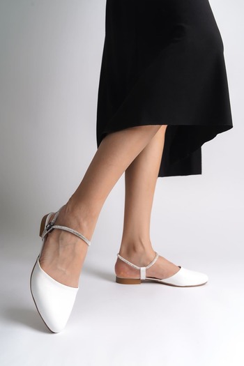 Joy Ayakkabı Ariana elastic orthopedic comfortable sole ankle stone detailed women's flat shoes ckt - white