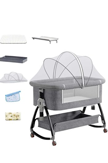 Toybox Crib Cradle Bassinet Bedside Cot with Height Adjustment|Storage Rack, Mattress, Mosquito Net
