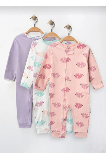 Baby Wings Baby Girl Elephant Patterned 3-Piece Jumpsuit Set 100% Cotton