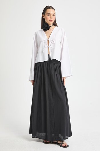 minaaise Black Waist Gipe Elastic Voile Lined Long Skirt 29269