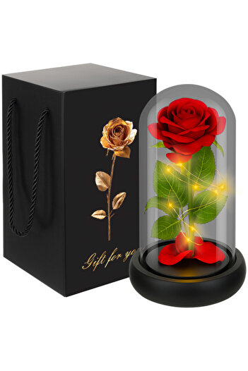 zola Trandafir decorativ in cupola de sticla, cu LED, cutie eleganta pentru cadou, 21 x 11 cm, rosu