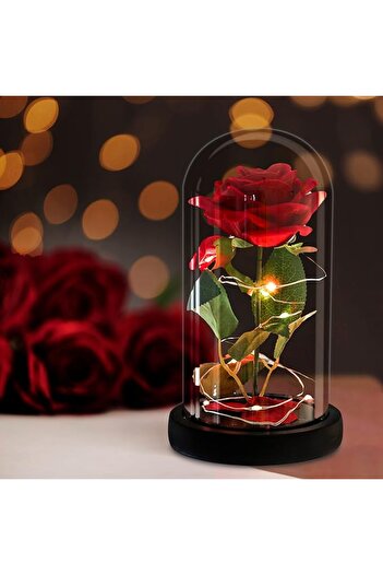 zola Trandafir decorativ in cupola de sticla, cu LED, cutie eleganta pentru cadou, 21 x 11 cm, rosu