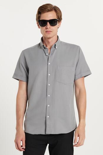 Tudors Men's Classic Regular Fit Relaxed Fit Button down Sport Collar Oxford Cotton Short Sleeve Gray Shirt