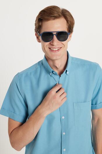Tudors Men's Classic Regular Fit Relaxed Fit Button down Sport Collar Oxford Cotton Short Sleeve Blue Shirt