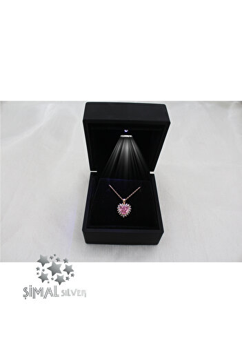 Şimal Silver 925 Ayar Gümüş Işıklı Kutuda Pırlanta Montürlü Pembe Taşlı Kalp Kolye