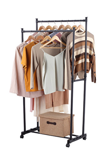 Lawazim Double Rail Clothes Rack - Adjustable Height, Bottom Shelf, Wheels with Brake - Black