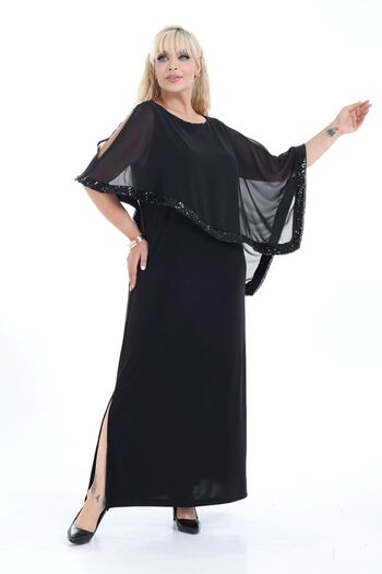 modayız Plus Size Black Chiffon Cape with Glitter Detail Evening Dress 45B-2694
