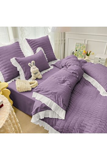 JOJO HOME Double Bed Creponate Linen Set, Finet, 6 Pieces, Purple, 230 x 250