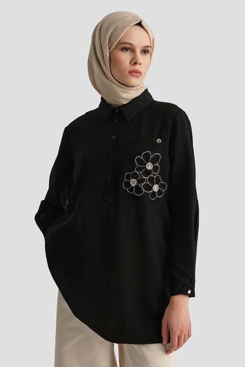 Armine TREND Armi̇ne Trend Shirt Collar Floral Patterned Tunic-Black 25Yt4150