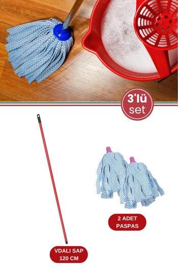 Flora Standart Mop Temizlik Kovalarıyla Uyumlu Sap ve Paspas Seti, 120cm Vidalı Metal Sap + 2 Adet Paspas