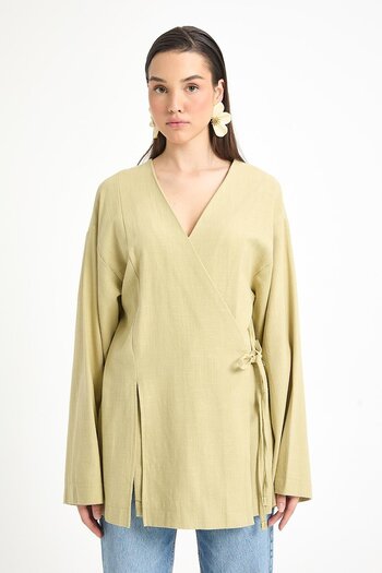minaaise Oil Green Slit Detailed Tie-Up Long 100% Cotton Kimono 29211