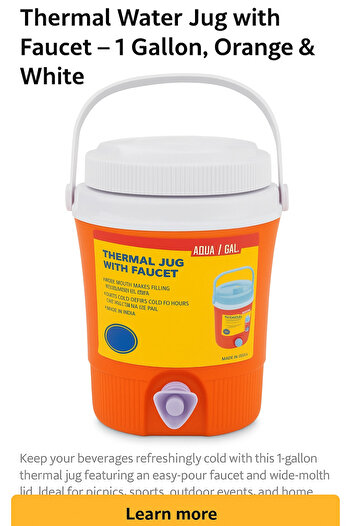 TSUMAB Thermal Water Jug with Faucet – 1 Gallon, Orange & White