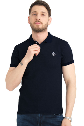 Varetta Men's Charcoal Black Polo Neck Cotton Short Sleeve Waffle T-Shirt Tshirt
