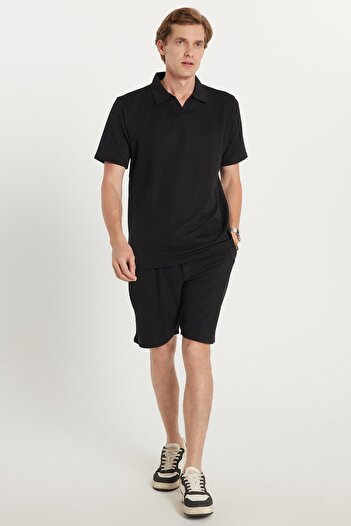Tudors Men's Standard Fit Regular Fit Cotton Polo Collar Lace-Up Waist Black Shorts Set