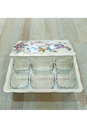 Pinkev Flora Melamine 6-Piece Glass Breakfast Set with Lid and Tray