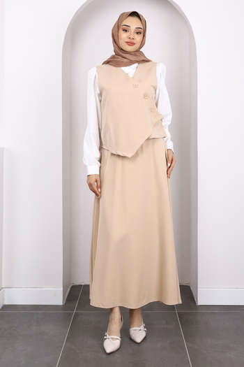 İmajButik Beige Shirt Vest Skirt 3-Piece Combination Suit