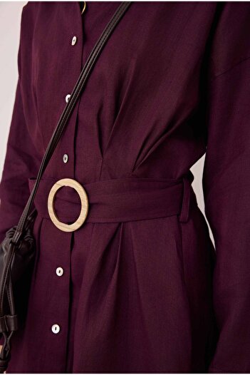 HEQA Linen Long Pleated Dress Burgundy