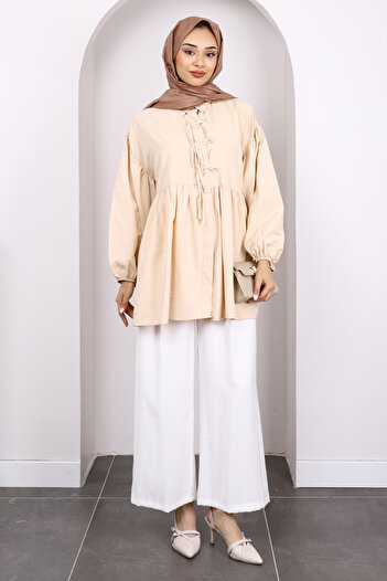 İmajButik Beige Sleeve Elastic Front Buttoned Tunic