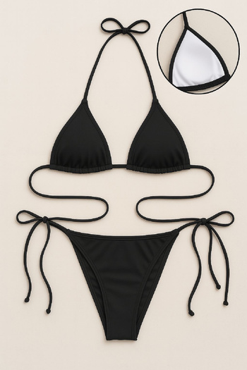 AmbrosiaSupply Women's Black Side and Neck Tie Bikini Swimsuit Set