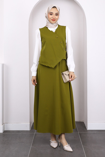 İmajButik Oil Green Shirt Vest Skirt 3-Piece Combination Suit