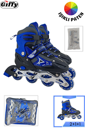 giffy Vr1 - Sport Metal Lighted Adjustable Practice Skates 2+1+1 Silicone Wheels with Tip Protection
