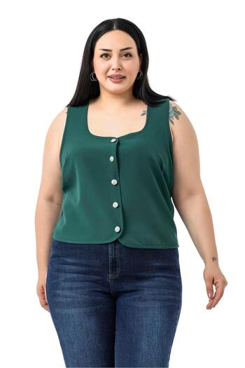 DISENTIS MODEST Plus Size Button Detailed Emerald Green Blouse Vest