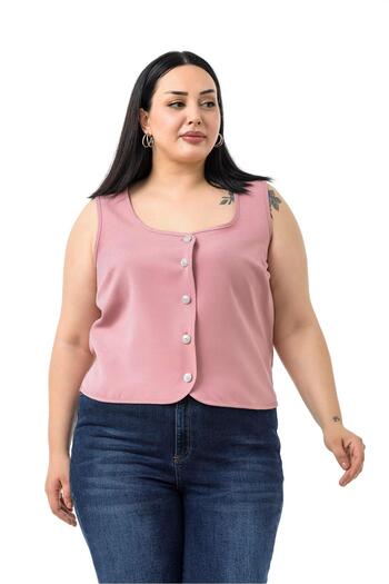 DISENTIS MODEST Plus Size Button Detailed Powder Blouse Vest