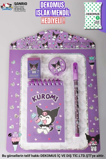 kuromi مجموعة قرطاسية مرخصة مكونة من 4 قطع من DEKOMUS مع مناديل مبللة هدية، دفتر ملاحظات، قلم رصاص سريع التثبيت