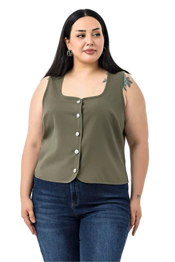 DISENTIS MODEST Plus Size Button Detailed Khaki Blouse Vest