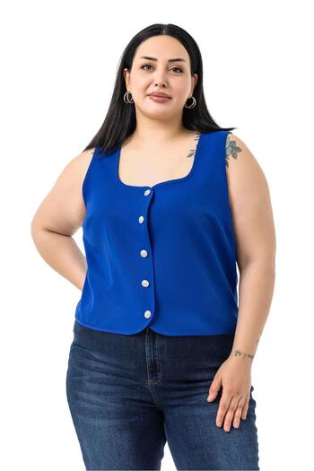 DISENTIS MODEST Plus Size Button Detailed Saks Blue Blouse Vest