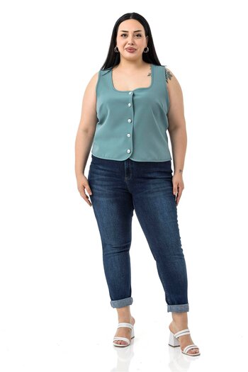 DISENTIS MODEST Plus Size Button Detailed Mint Green Blouse Vest